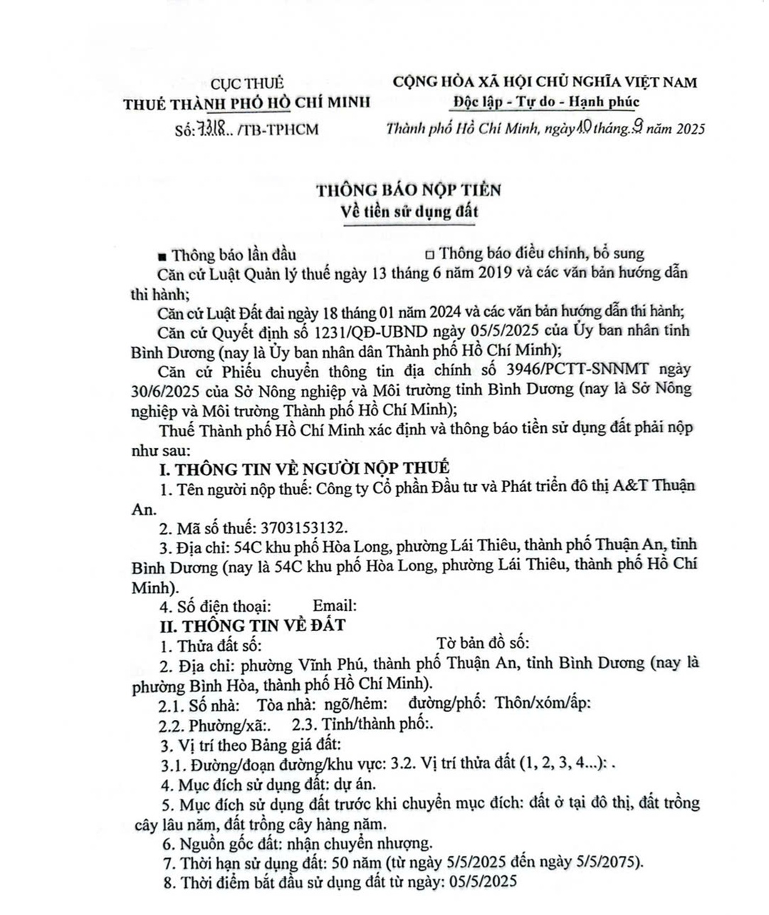 Thông báo nộp tiền sử dụng đất dự án A&T Saigon Riverside