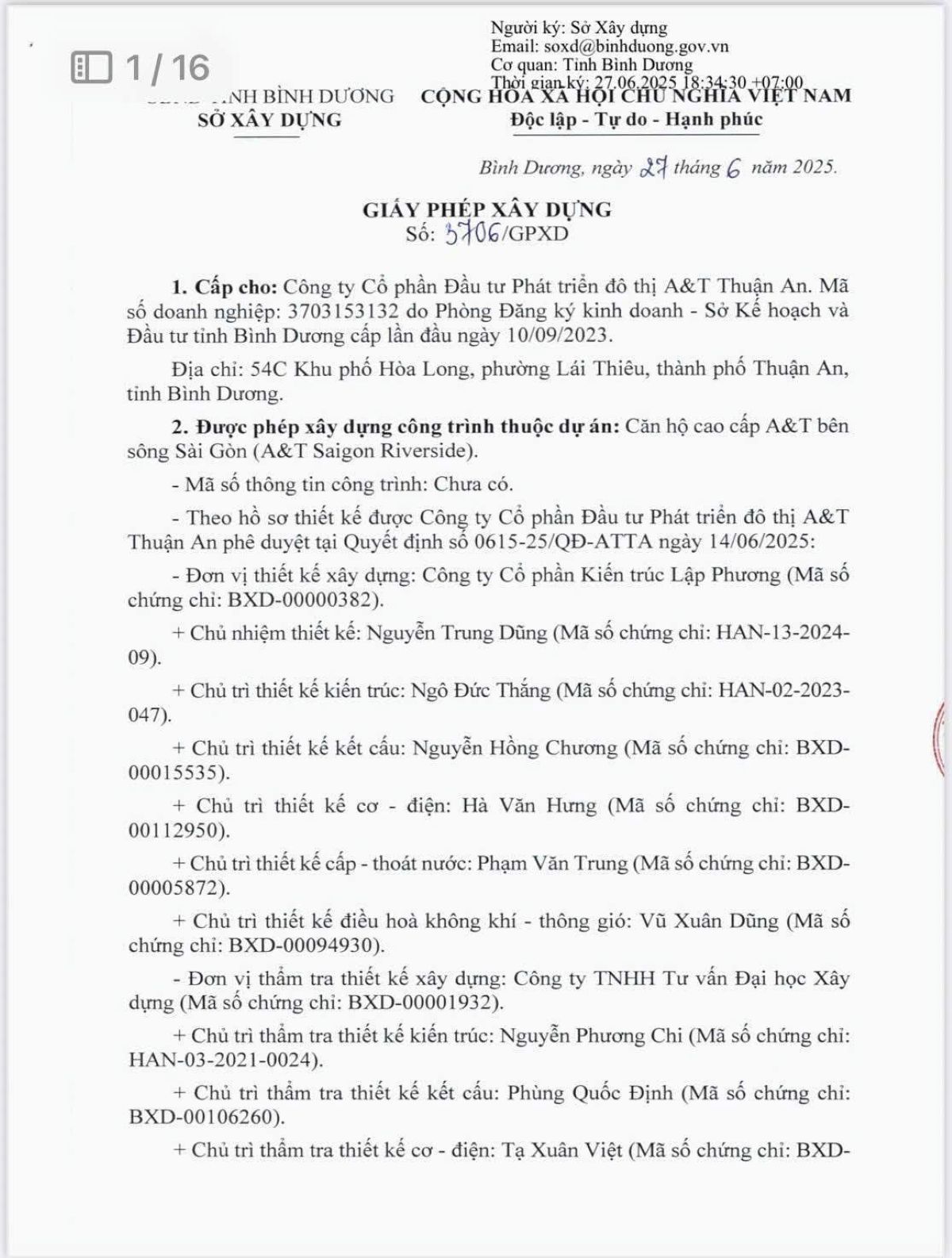 Giấy phép xây dựng dự án A&T Saigon Riverside